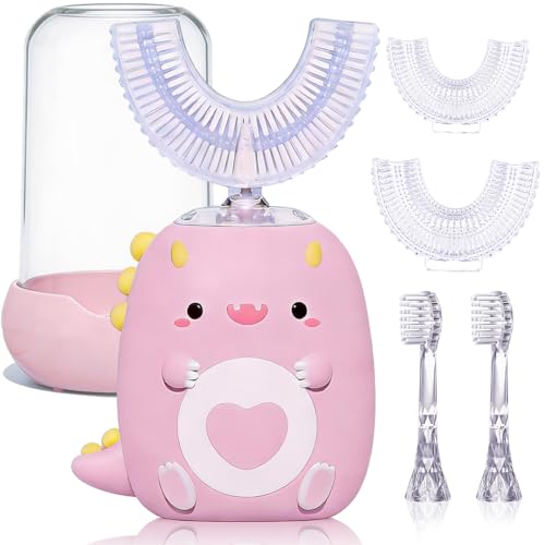 Kids U-Shaped Electric Toothbrush,4 Heads,Dinosaur Design Ages 2-12 Girls Pink