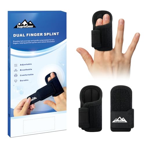 supregear Two Finger Splint Brace (2-Pack), Adjustable Buddy Tape Wrap for Broken and Sprained Middle, Index, Ring, Pinky, Double-Finger Design Sleeve for Injury Joint Support, Black Black (2 pcs)