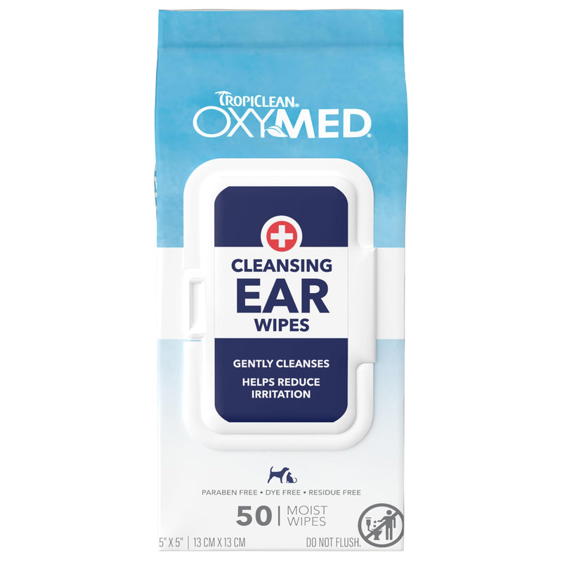 TropiClean Oxymed Soothing Ear Wipes for Dogs & Cats, Anti-Itch Relief, 50 Count Cleansing Ear Wipes