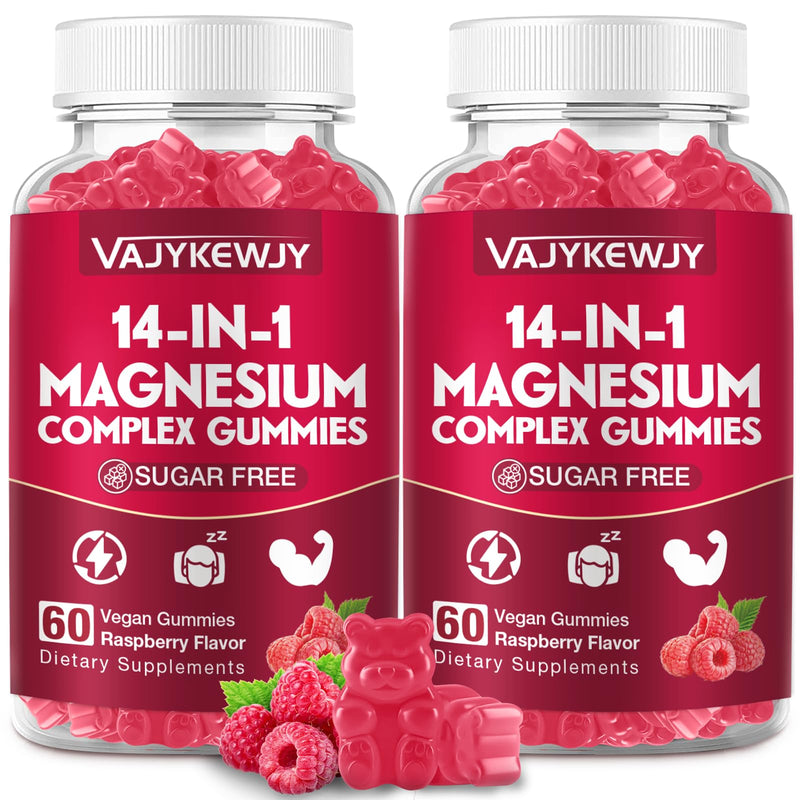 2 Pack Magnesium Complex Gummies – 14-in-1 Formula with Ashwagandha, L-Theanine, Vitamin D3 & Zinc, Vegan Raspberry Flavor, 120 Gummies