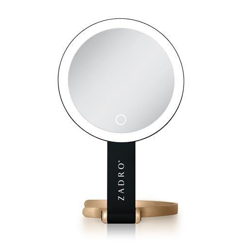 Zadro LED Lighted Makeup Mirror, 2-Sided with 1x & 10x Magnification, Rechargeable Portable Vanity Mirror with 3 Dimmable Color Settings, Handheld & Hands-Free Design, 6.25 Inch (Black/Gold) Black/Gold