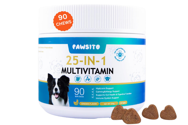 Dog Multivitamin Chews 90ct – 25-in-1 Daily Complete Nutrition Soft Chews with Vitamins, Minerals, Probiotics, Salmon Oil & Digestive Enzymes for Overall Wellness