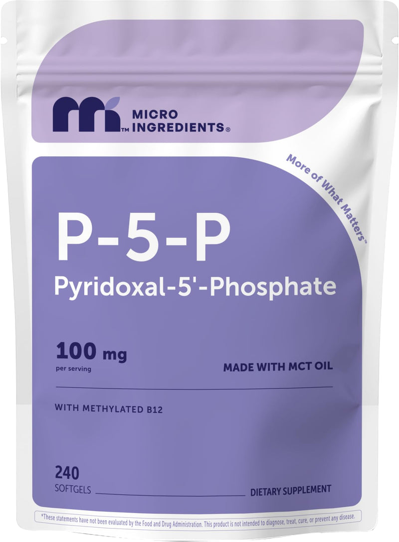 Micro Ingredients P5P 100mg Per Serving, 240 Softgels - Active Vitamin B6 with Methylated B12 - Made with MCT Oil - Supports Energy Metabolism & Brain Health* - Gluten Free & Non-GMO