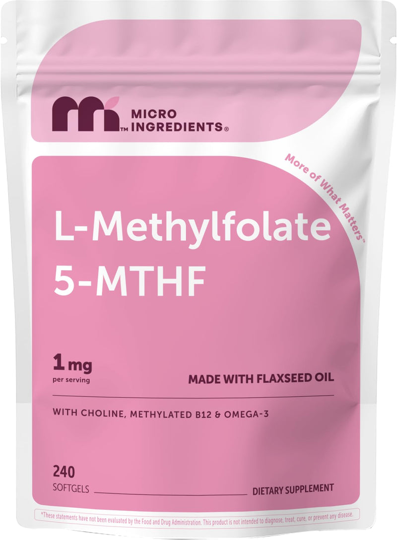 Micro Ingredients L-Methylfolate 1000mcg, 240 Softgels | 5-MTHF Active Folate with Methylcobalamin B12, Choline & Flaxseed Oil | High Absorption Methylated B9 Supplement for Methylation Support*