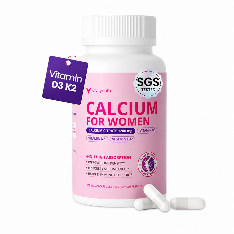 Calcium Supplements for Women - Calcium 1200 mg with Vitamin D3 | 4-In-1 High Absorption Calcium Citrate with Vitamin D3 K2 & B12 for Bone Density & Strength - Non-GMO, 120 Vegan Capsules