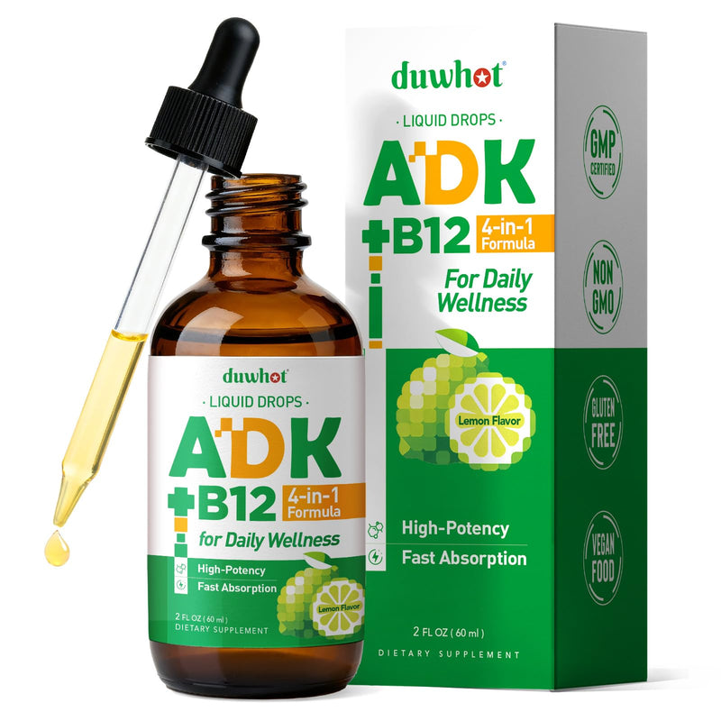 duwhot ADK + Vitamin B12 Liquid Drops, 2 Fl Oz | High Potency Vitamin A D3 K2 5000 IU / 10000 IU, B12 1000 mcg Supplement for Adults, Bone, Calcium Absorption
