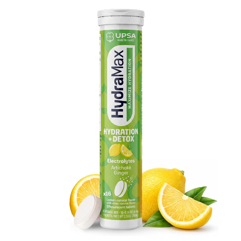 UPSA HydraMax Hydration + Detox Electrolytes Tablet – Effervescent Hydrating with 4 Essential Electrolytes, Vitamin C, Artichoke & Ginger Extracts, Detox Hydration Mix Support, 16 Count Detox Lemon (Pack of 1)