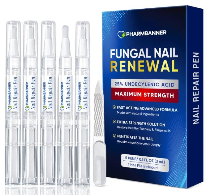 Nail Fungus Treatment Extra Strength: 25% Undecylenic Acid Formula - Toenail Fungus Treatment Kit with 5 Pens & Nail File for Ingrown Nails, Discoloration & Brittle Nails 0.1 Fl Oz (Pack of 5)