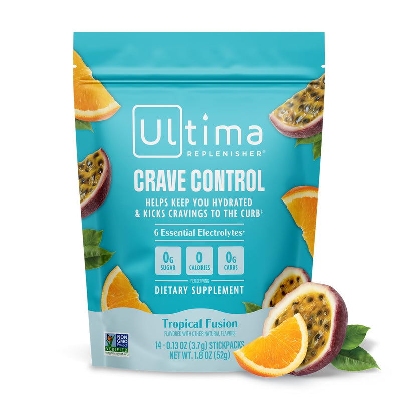 Ultima Replenisher Crave Control Supplement, Tropical Fusion, 14 Stickpacks | Daily Zero Sugar Electrolyte Powder Hydration Packets with 6 Key Electrolytes & Chromax to Help Curb Cravings - Keto Friendly