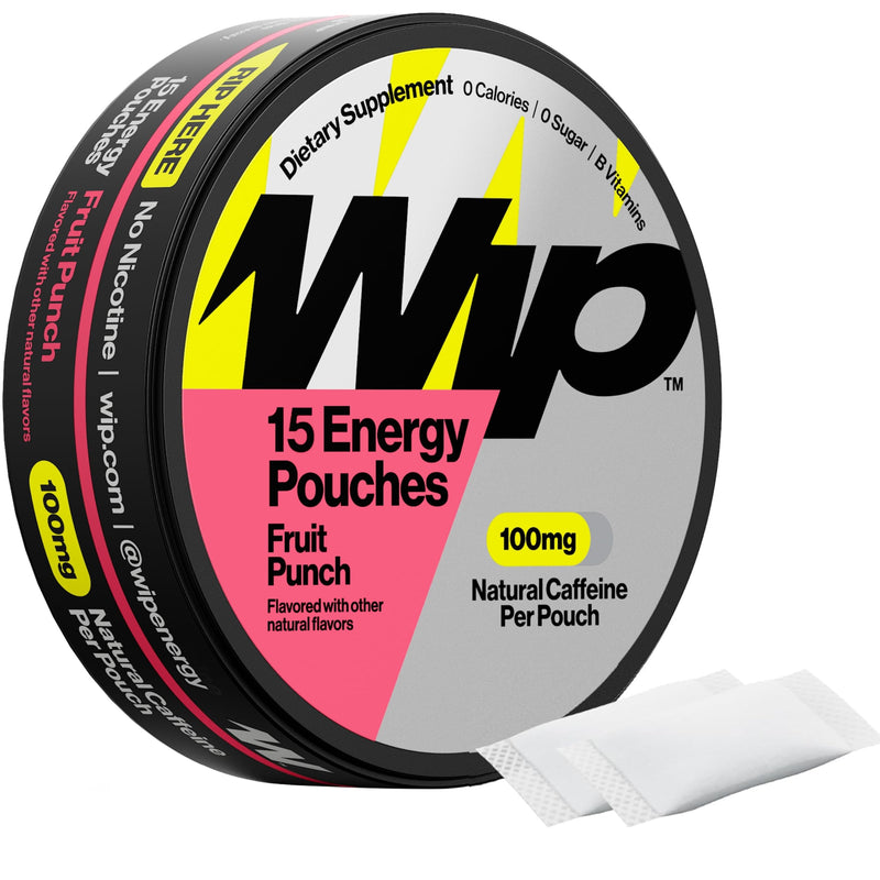 Wip Energy Pouches, Sugar Free Blend with 100 MG Natural Caffeine, B Vitamins, Minerals & L Theanine for Energy Support, Pre Workout for Active Lifestyles, Fruit Punch, 1 Can, 15 Pouches 15 Count (Pack of 1)