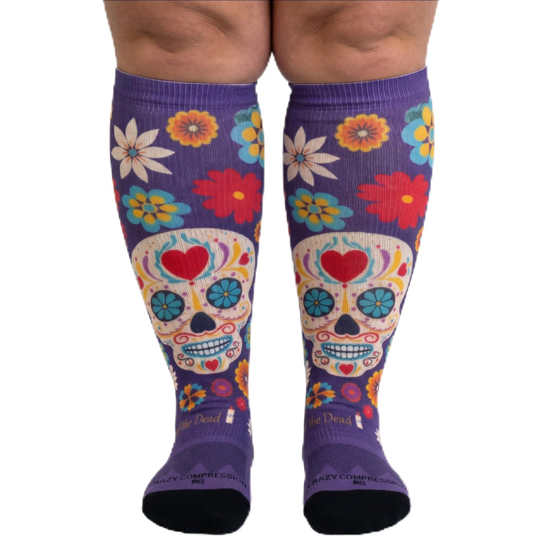 Crazy Compression Over-the-Calf Socks with Fun Designs Small-Medium Calavera Purple (Wide)