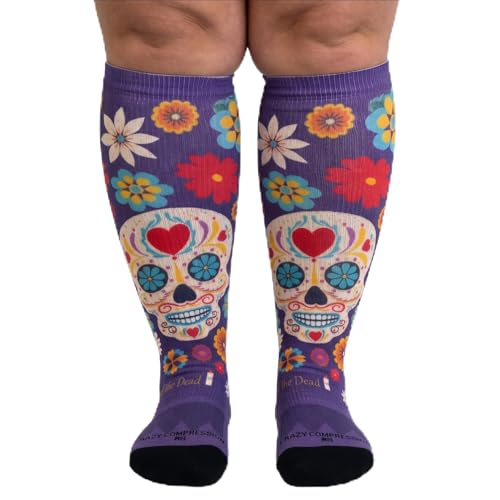 Crazy Compression Over-the-Calf Socks with Fun Designs Large-X-Large Calavera Purple (Wide)