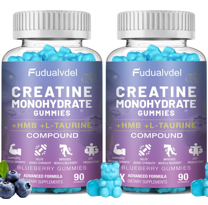 2 Pack 8000MG Creatine HMB Monohydrate Gummies with L-Taurine,Muscle Boosting,Energy Boosting,Vitamin B12, Men & Women,180 Blueberry Flavored Fudge,60 Days Supply 90 Count (Pack of 2)
