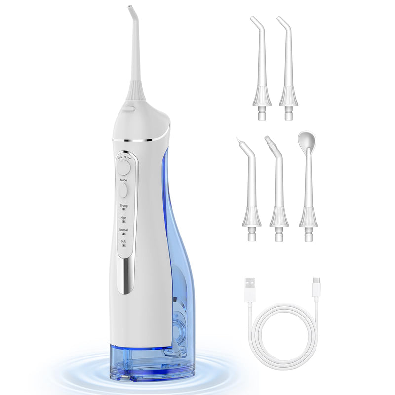 Water Flosser for Teeth Cleaning: Cordless Portable Water Dental Pick, 4 Modes Rechargeable Oral Irrigator with 5 Nozzles, 300ML IPX7 Waterproof Electric Flossers for Braces, Travel & Home Use, White