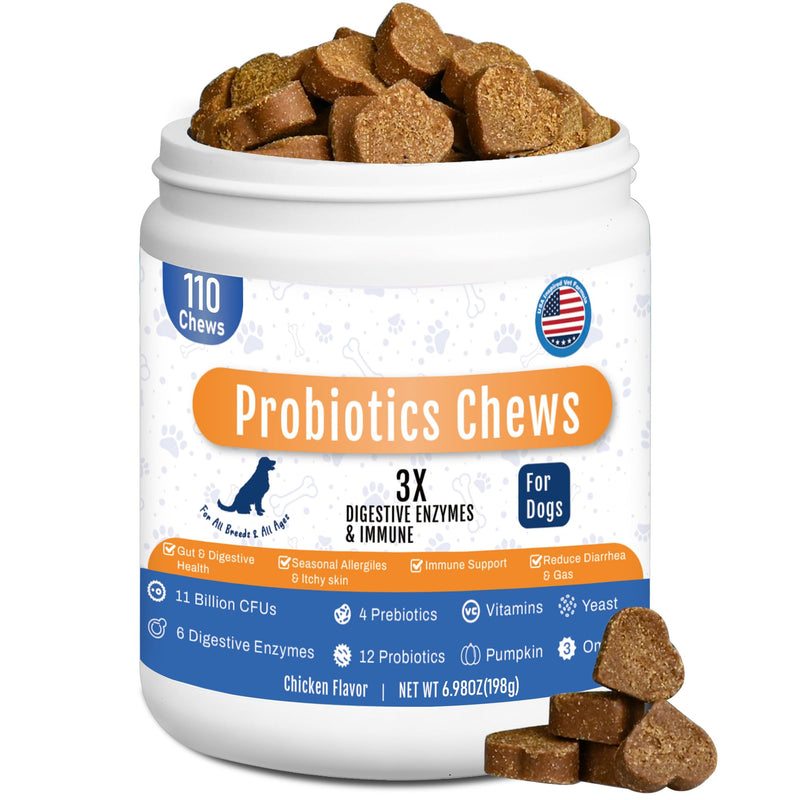 Probiotics for Dogs Dog Probiotic Chews for Yeast Gut Digestive & Immune Health, Itch Relief Ears Skin & Coat with 11Billion CFU Probiotics, 6 Enzymes& 4 Prebiotics, Pumpkin, Omegas & Vitamins,110ct 110 Count