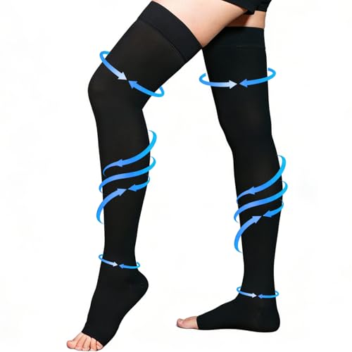 Compression Stockings, 20-30 mmHg Thigh High Compression Socks Open Toe XX-Large Black