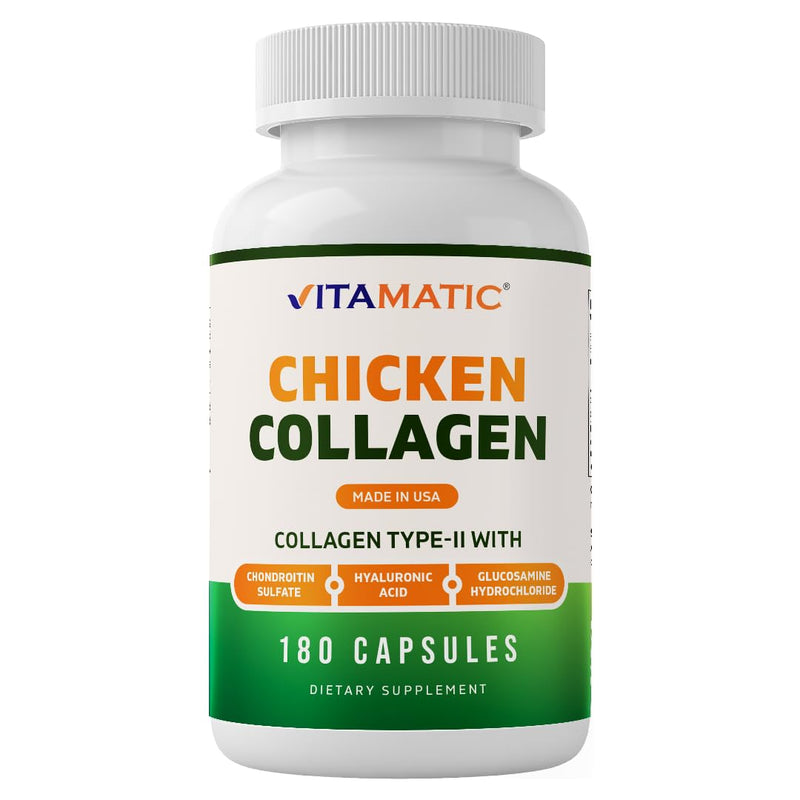 Vitamatic Chicken Collagen 3000 mg (Per Serving) with Glucosamine, Chondroitin & Hyaluronic Acid | 180 Capsules | Non-GMO | Gluten Free