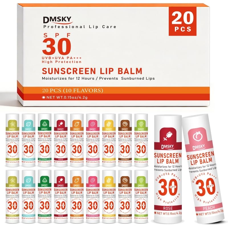 SPF 30 Sunscreen Lip Balm 20 Pack, Clear No White Cast, 10 Flavors | Protect Dry Chapped Lips with Vitamin E and Beeswax, Broad Spectrum SPF Lip Balm for Travel