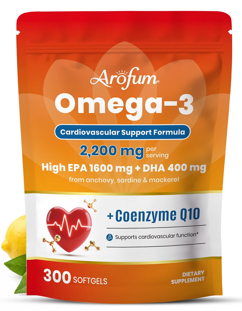 Omega 3 Fish Oil Supplements with CoQ10 for Daily Wellness Support | High EPA DHA Fish Oil Omega 3 Supplements, 2200 mg rTG Omega 3,Lemon Flavor, 300 Softgels
