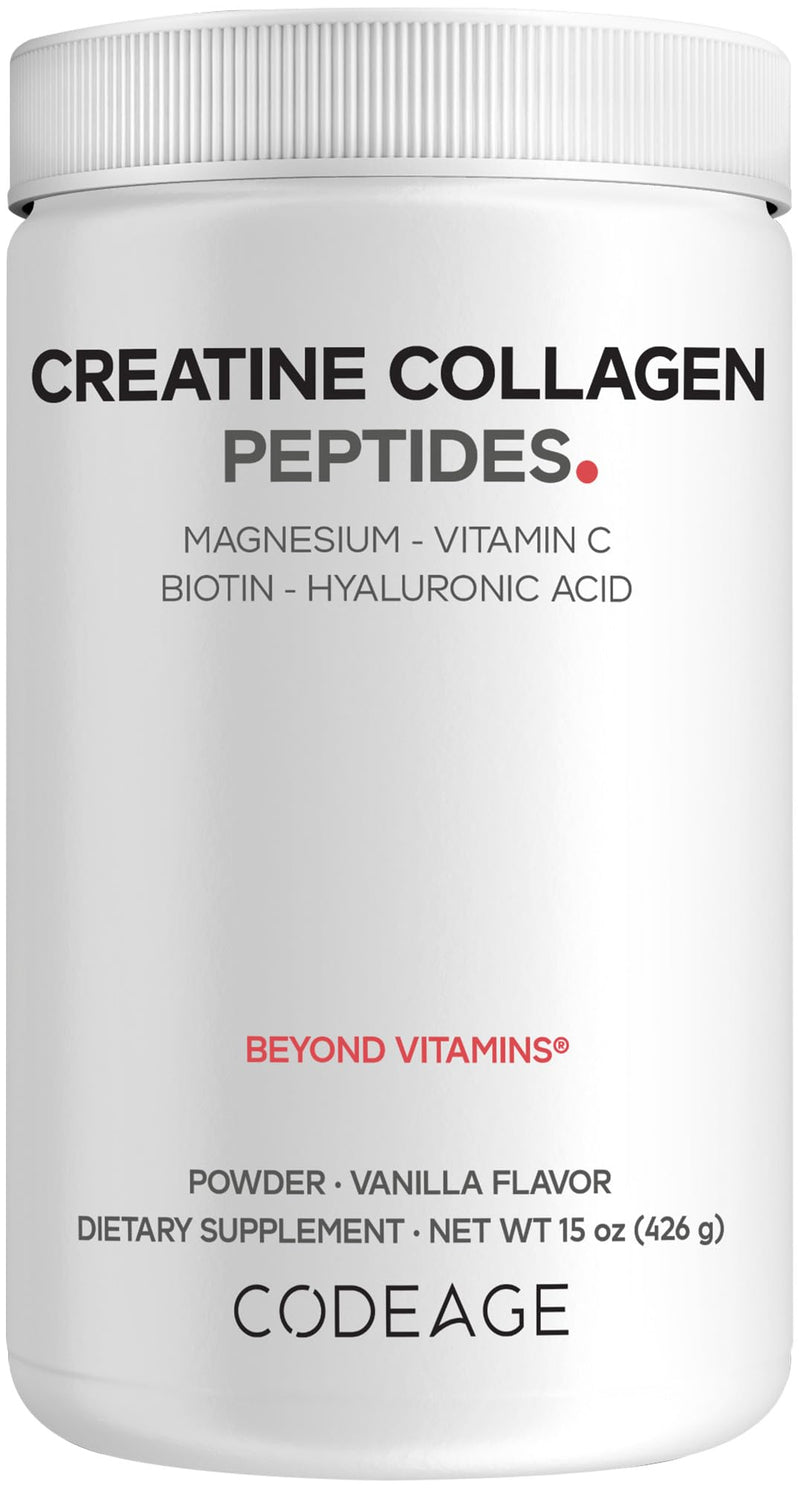 Codeage Creatine Collagen Powder, Marine Collagen, Magnesium, Vanilla, 15oz | Creatine monohydrate, wild-caught marine collagen, biotin, magnesium, vitamin C, hyaluronic acid. Vanilla flavor. Non-GMO.