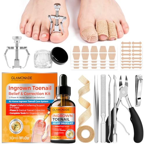 Glamonade Ingrown Toenail Removal Kit: Complete Ingrown Toenail Tool With Corrector Patch And Relief Softening Drops For Soothing Comfort, At‑Home Professional Kit For Men & Women with Curved Toenails 13 Pcs