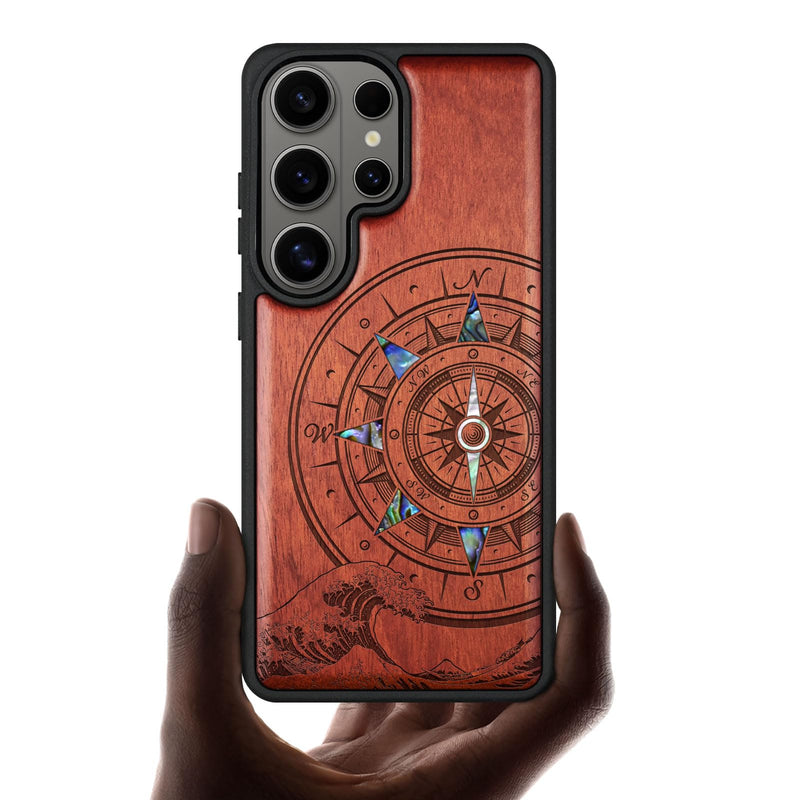Carveit Magnetic Wooden Case for Samsung Galaxy S26 Ultra Case, Wood Artisan Engraved & Handmade Shell Inlaid, Compatible with MagSafe Wireless Chargers (Wave Compass) Rosy Wave Compass-Rosy