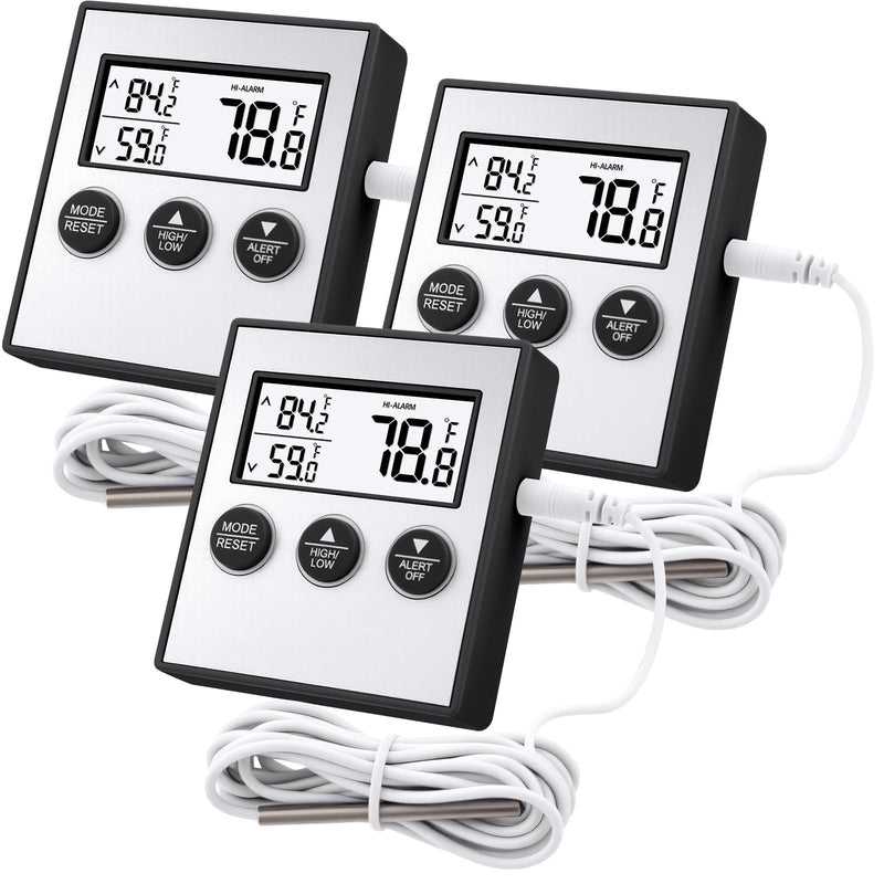 Relaxweex 3 Pack Refrigerator Thermometer Freezer Alarm Digital Thermometer with Sensor, High and Low Alarm Memory Function for Freezer Fridge Kitchen Aquarium (Black,Silver) black, silver