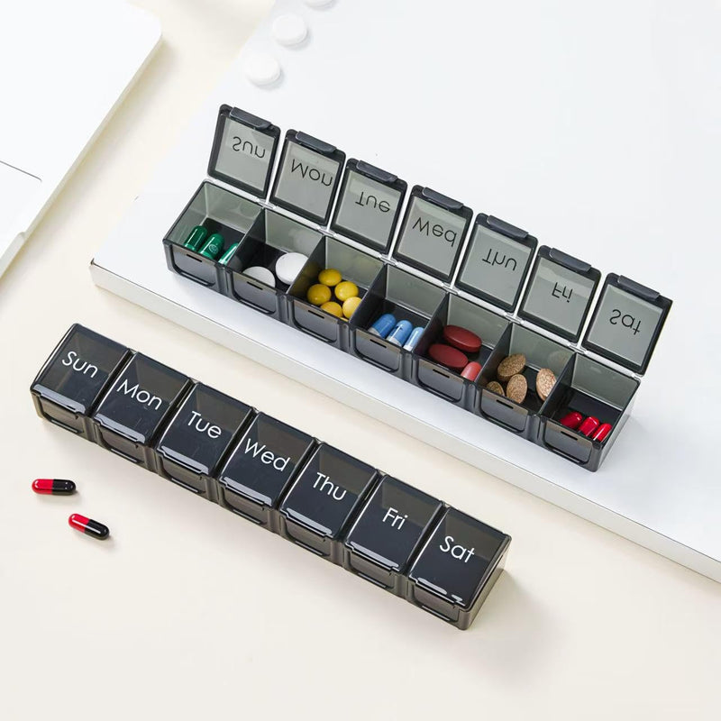 Weekly Pill Organizer 7 Day, Daily Medicine Planner with Large Compartments, Portable Vitamin and Supplement Organizer Case, Travel Friendly Design (Black)