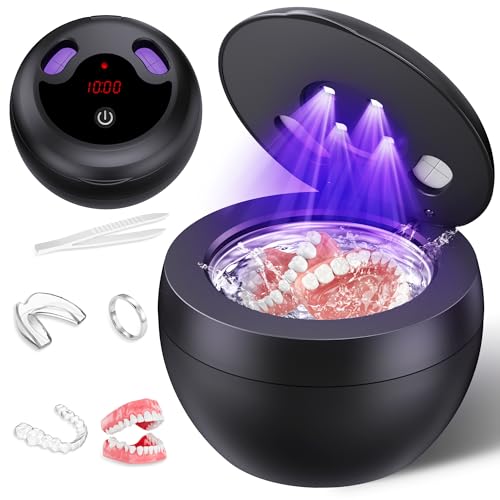Upgraded Ultrasonic Retainer Cleaner Machine, 48kHz Ultrasonic Dentures Cleaner for Mouth Guards, Braces, Aligner, Toothbrush & Jewelry, 200ML Capacity, Black Light Black
