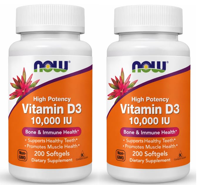 NOW Foods Supplements Vitamin D-3 10,000 IU Highest Potency Structural Support 200 Softgels Pack of 2 200 Count (Pack of 2)
