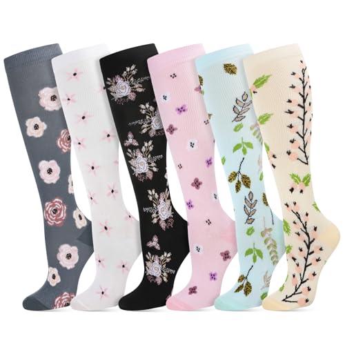 6 Pairs Compression Socks for Women Men Knee High Large-X-Large Multi