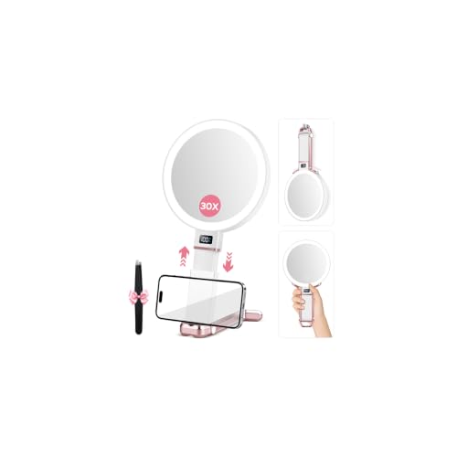 30X Travel Magnifying Mirror with Light, Height Adjustable Vanity Mirror with Phone Holder Stand, Portable Compact Handheld Makeup Mirror with Smart Display for Travel, Daily Makeup Use, Rosegold