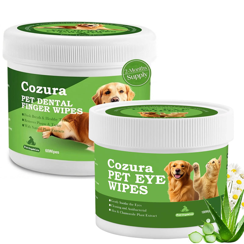 Gentle Pet Eye & Dental Bundle - 100ct Tear Stain Wipes & 60ct Alcohol-Free Finger Teeth Wipes for Sensitive Dogs & Cats - Safe Daily Hygiene Set