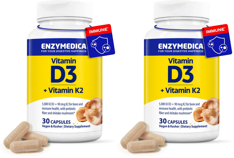 Enzymedica Vitamin D3 K2, 5000 IU Vegan D3 + 90 mcg MK-7, Plant-Based Supplement with Shiitake Mushroom & Prebiotic Fiber for Bone & Immune Support, 30 Capsules (Pack of 2) 30 Count (Pack of 2)