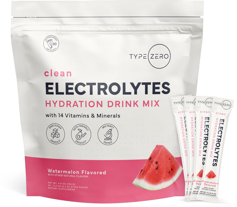 Type Zero Sugar Free Electrolyte Packets (Watermelon) 30 Stick Packs | Clean Hydration Powder Stick Packs with 14 Vitamins and Minerals