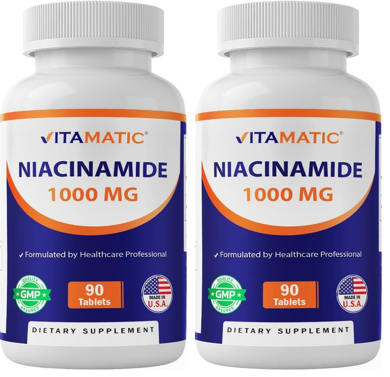 Vitamatic Niacinamide 1000 mg 90 Tablets - Flush Free Vitamin B3 - Supports Energy Production (Pack of 2) 90 Count (Pack of 2)