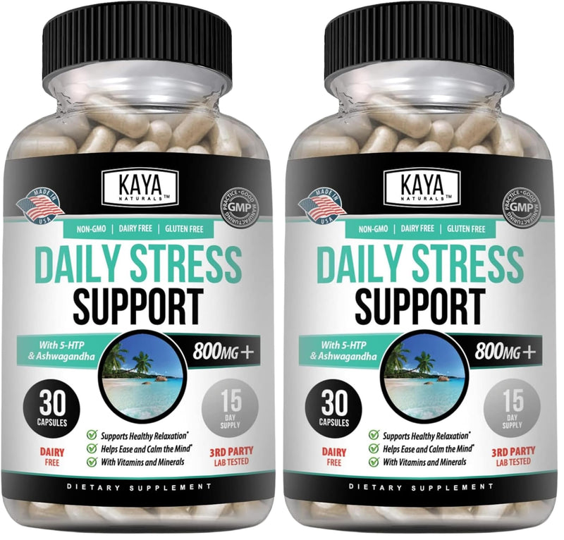 Kaya Naturals - Natural Herbal Stress Relief Support Vitamin Supplement to Relax and Calm The Mind - Boost Mood - Happy Pills - Anxiousness Support - 30 Capsules (Pack of 2) 30 Count (Pack of 2)