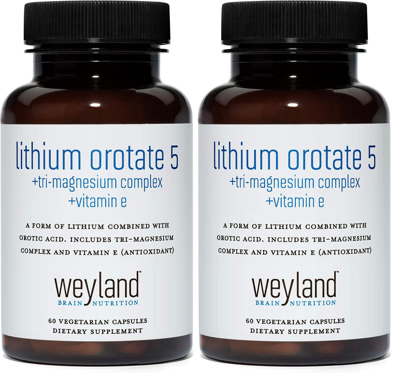 Lithium Orotate 5mg + Tri-Magnesium Threonate, Taurinate, Malate + Glycine + Vitamin E, 60 Vegetarian Capsules (Pack of 2) 60 Count (Pack of 2)