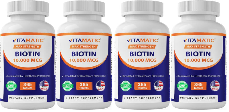 Vitamatic Biotin 10,000 mcg (10 mg) for Stronger Hair, Skin & Nails - 365 Vegan Tablets- Also Called Vitamin B7-4 Pack 730 Count (Pack of 2)