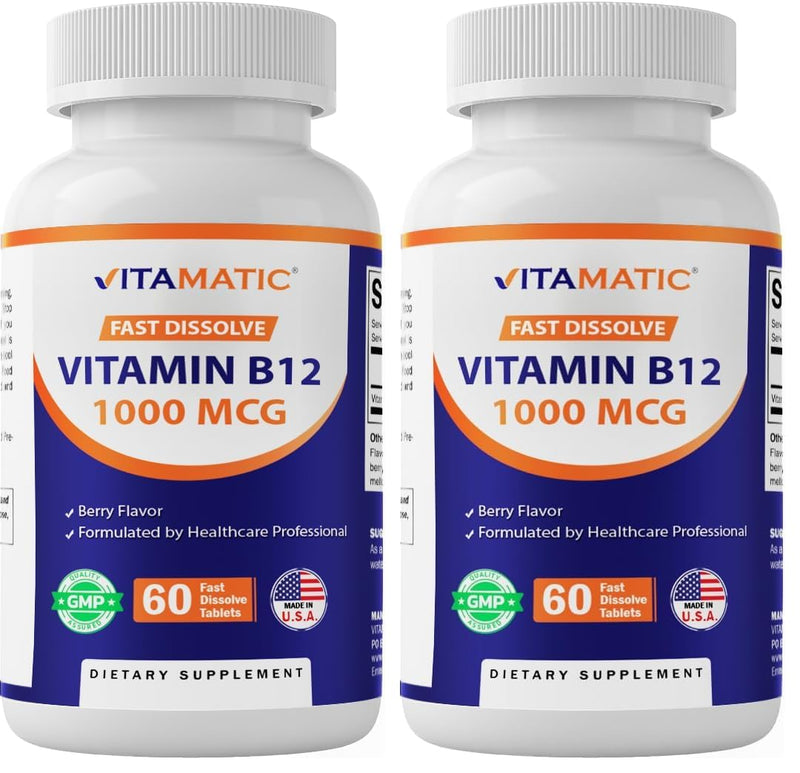 Vitamatic Vitamin B12 1000 mcg Fast Dissolve – 60 Tablets – Natural Berry Flavor – Supports Energy Metabolism & Nervous System Health (Pack of 2) 60 Count (Pack of 2)