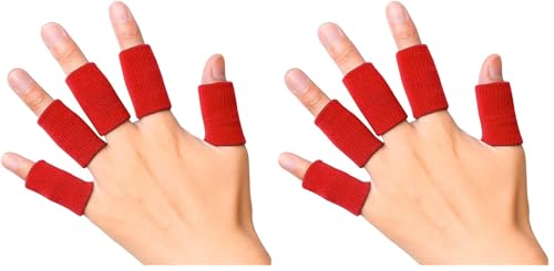 JBM Adult Finger Brace Splint Sleeve Thumb Support Protector Soft Comfortable Cushion Pressure Safe Elastic Breathable for Basketball Volleyball Baseball Badminton Tennis Boating Gym (Red) (Pack of 2) Red One Size (Pack of 2)