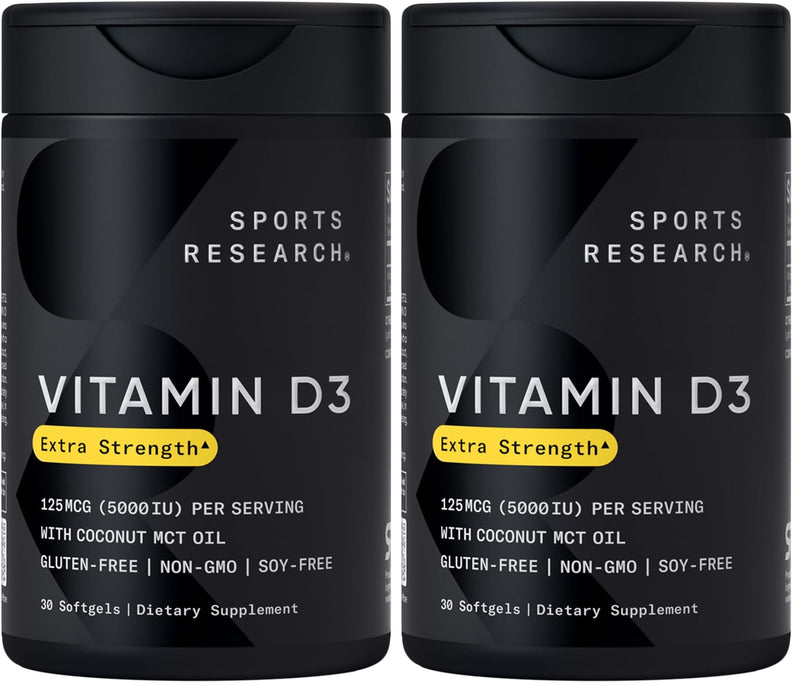 Sports Research Vitamin D3 5000 IU with Coconut MCT Oil - Extra Strength Vitamin D Supplement - Non-GMO Verified, Gluten & Soy Free – 125mcg, 30 Liquid Softgels (Pack of 2) 30 Count (Pack of 2) D3 (5,000 IU)