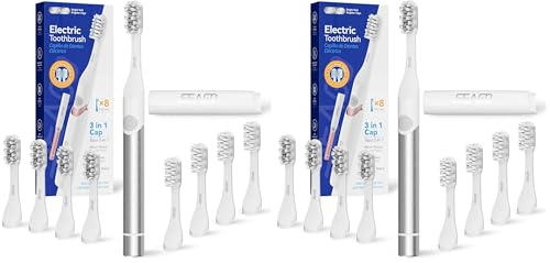 SEAGO Electric Toothbrush for Adults - 3 in 1 Holder with 8 pcs Replaceable Brush Battery Operated Travel Toothbrush kit Portable and 2 Minute Timer (Silver, Middle) (Pack of 2) Silver 1 Count (Pack of 2)