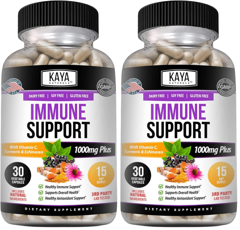 Kaya Naturals Elderberry Immune Support | Vitamins with Zinc and Vitamin C for Adults, Probiotics & Turmeric 1000mg Immune System Booster Sambucus Capsules - 30 Count (Pack of 2) 30 Count (Pack of 2)
