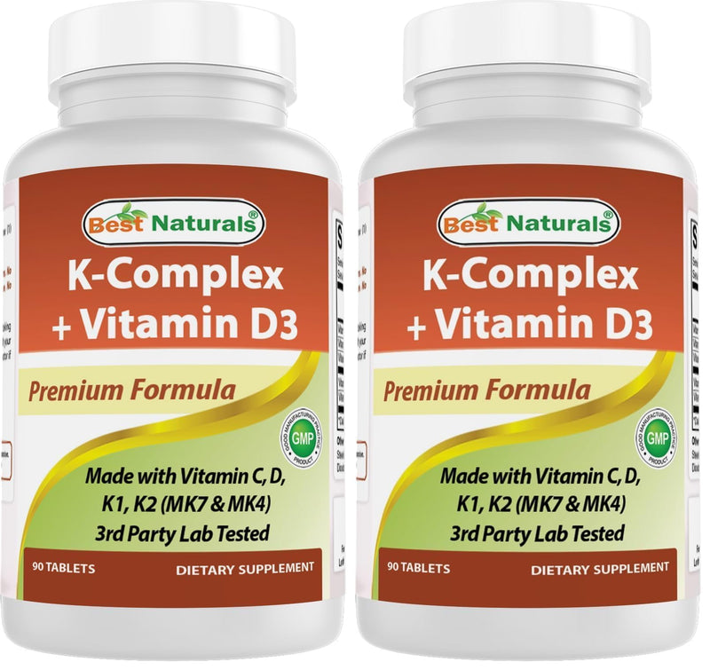 Best Naturals K-Complex with K1 (Phytonadione 1500 mcg + K2 as Menaquinone 100 mcg + K2 as MK-4 1000 mcg) + D3 + VIT. C - 90 Tablets - Made in The USA (Pack of 2) 90 Count (Pack of 2)