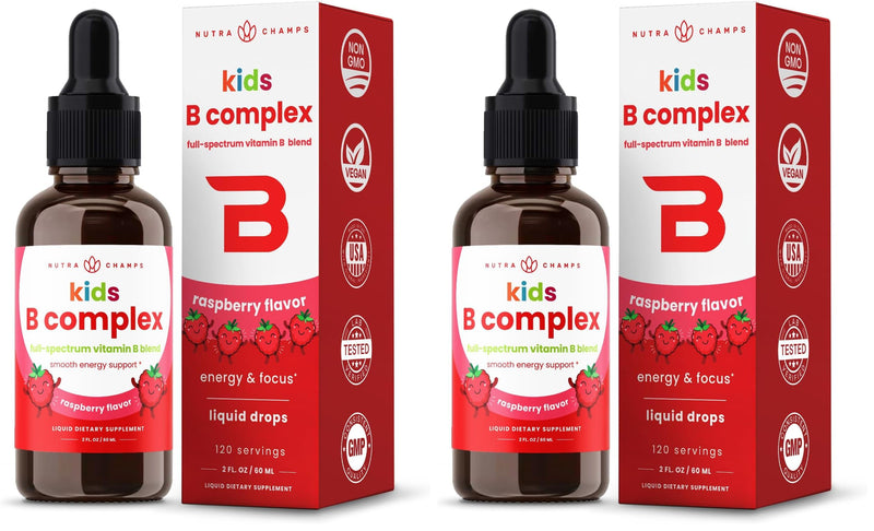NutraChamps Vitamin B Complex for Kids, B1, B2, B3, B6, B7, B9 & Methyl B12, Kids B Complex Liquid Drops Supplement, Energy, Focus, Metabolism, Natural Berry, 120 Servings, 4 Month Supply (Pack of 2) 2 Fl Oz (Pack of 2) Kids Drops