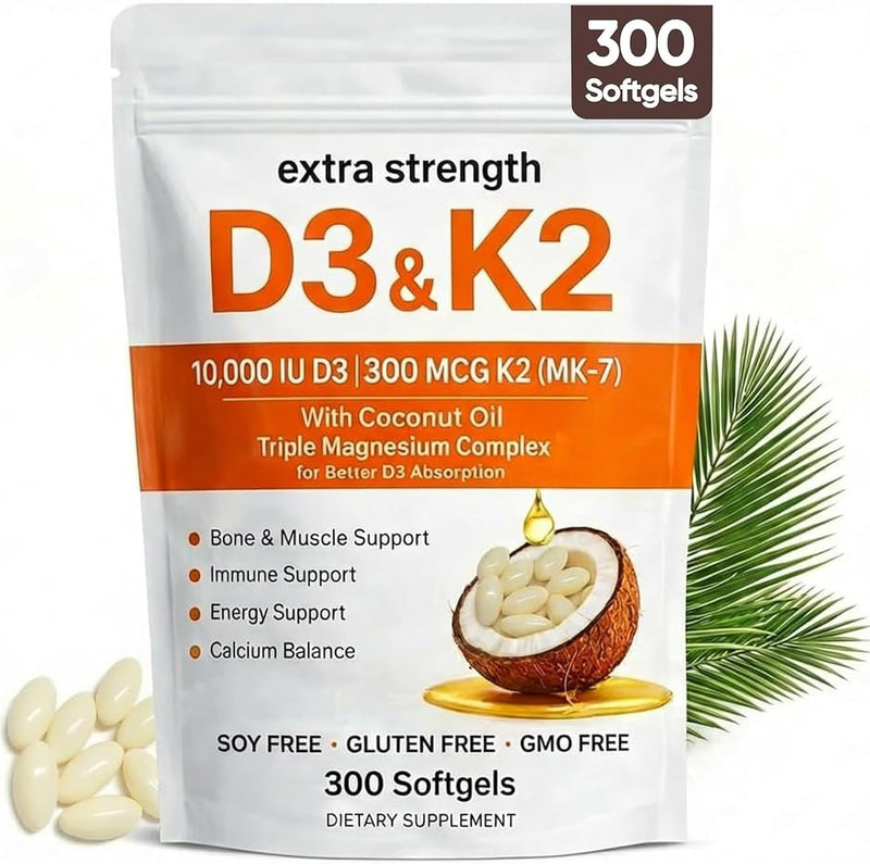 Vitamin D3 K2 Magnesium Complex, Extra Strength D3 & K2 with Triple Magnesium Softgels, D3 K2 Vitamin 10000 IU Softgels(1) 1