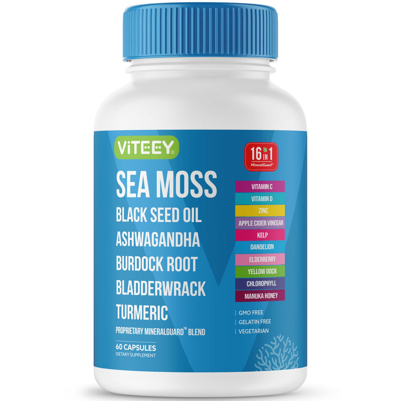 Viteey Sea Moss Capsules with Black Seed Oil - 16in1 MineralGuard | Irish Sea Moss Supplement with Bladderwrack, Burdock Root & Ashwagandha – Immune & Mineral Support - 60 Capsules