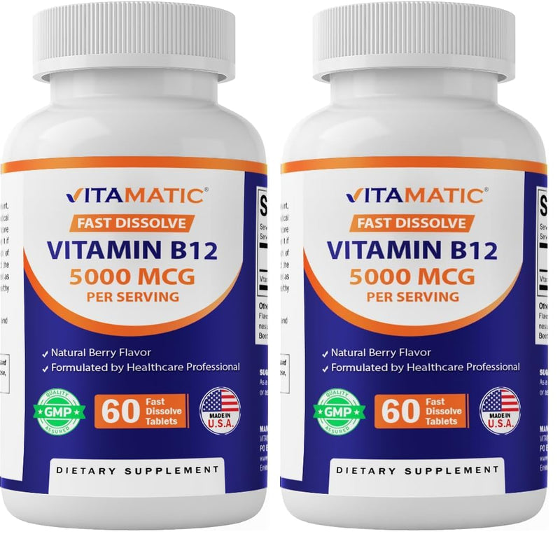 Vitamatic Vitamin B12 5000 mcg – 60 Fast Dissolve Tablets Berry Flavor – Supports Energy Production & Nervous System Health – Non-GMO, Gluten-Free (Pack of 2) 60 Count (Pack of 2)