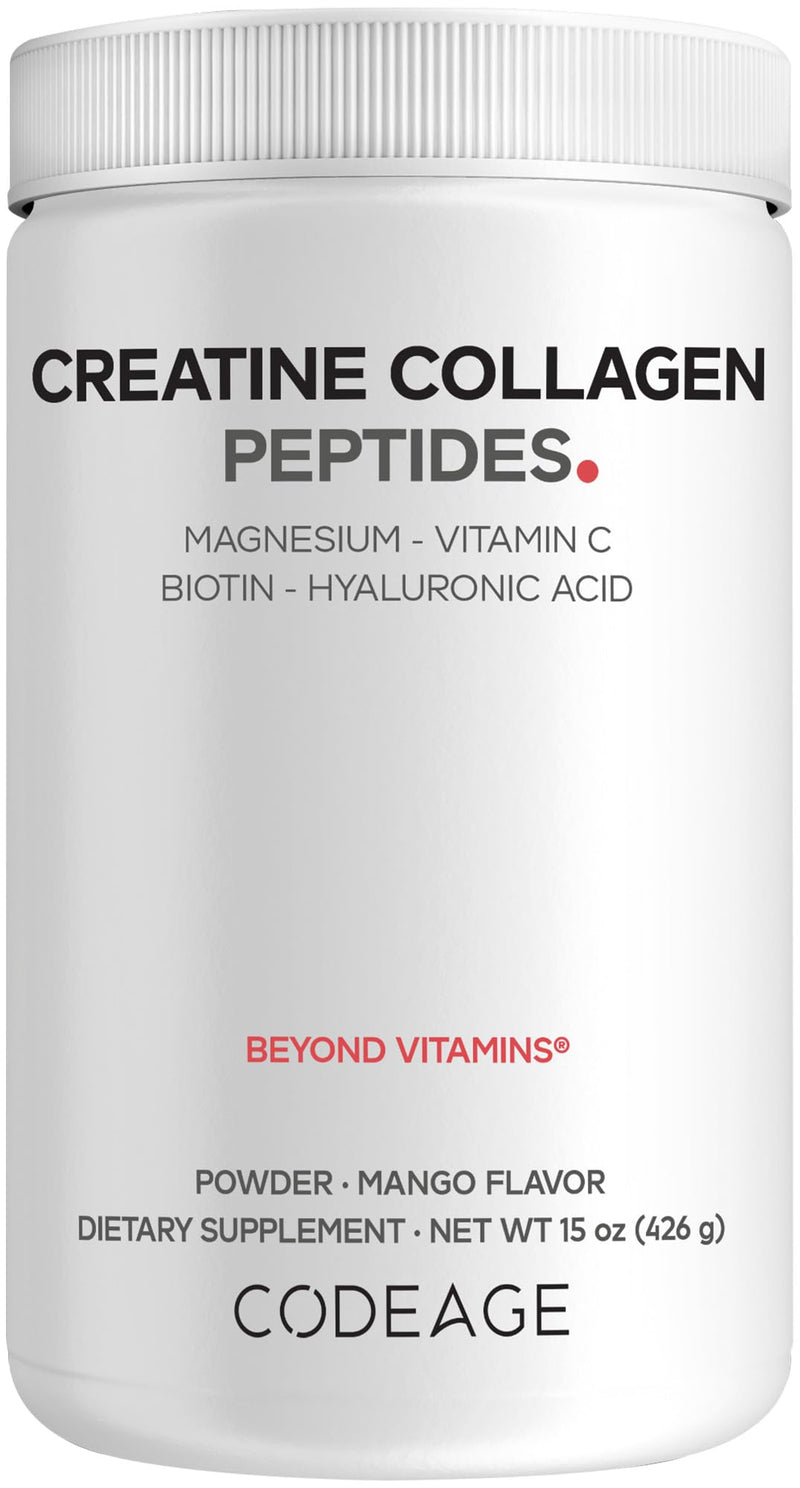 Codeage Creatine Collagen Powder, Marine Collagen, Magnesium, Mango, 15 oz | Creatine monohydrate, wild-caught marine collagen, biotin, magnesium, vitamin C, hyaluronic acid. Mango flavor. Non-GMO.
